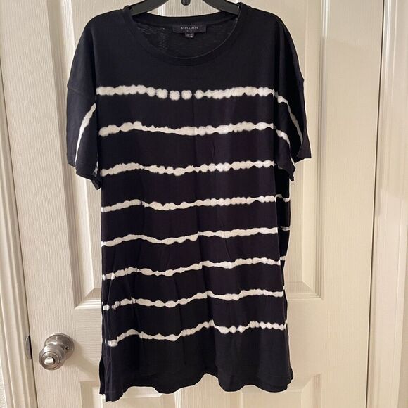 AllSaints Tystripe Cori Tee Black & White Stripe Tie-Dye Oversized T-Shirt XS/S - Picture 1 of 12